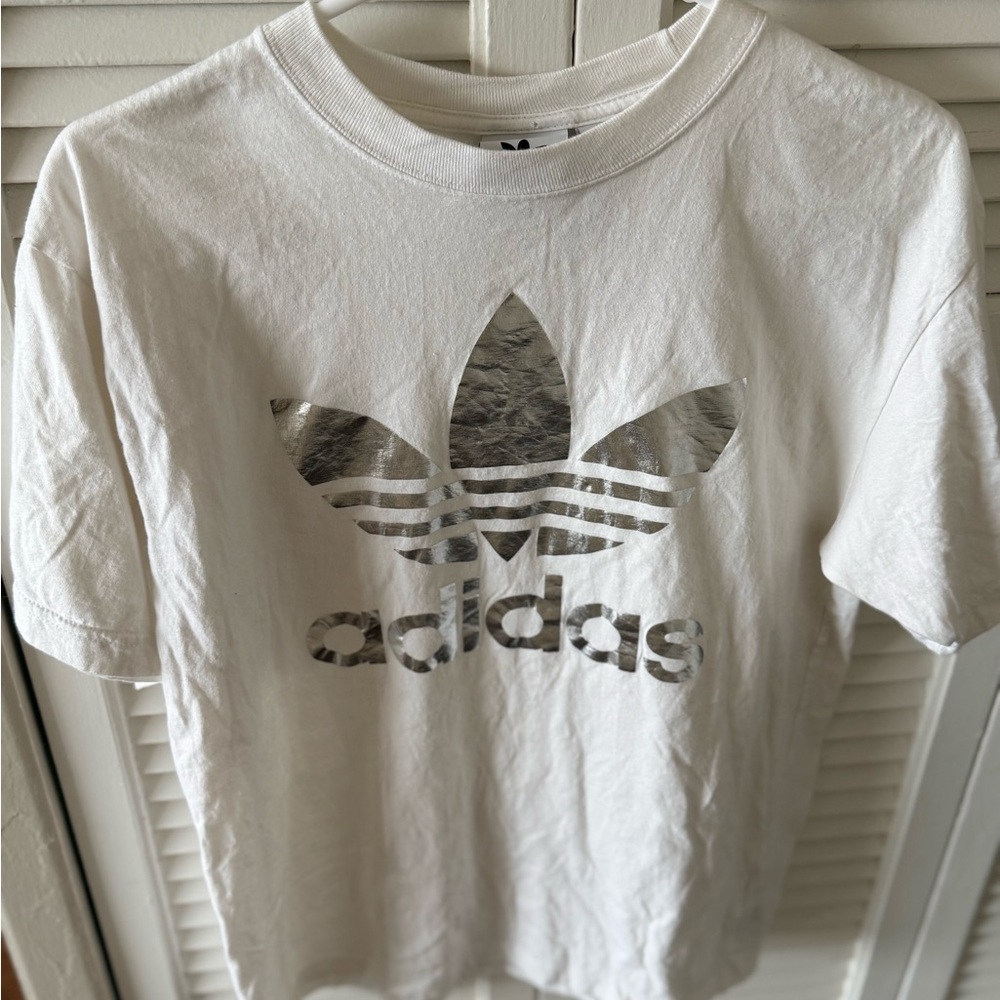 Adidas White Tee with Metallic Silver Logo
